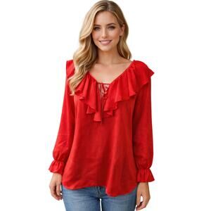 Morgan Taylor PETITE P red satin frill collar long sleeve EUC blouse holiday +